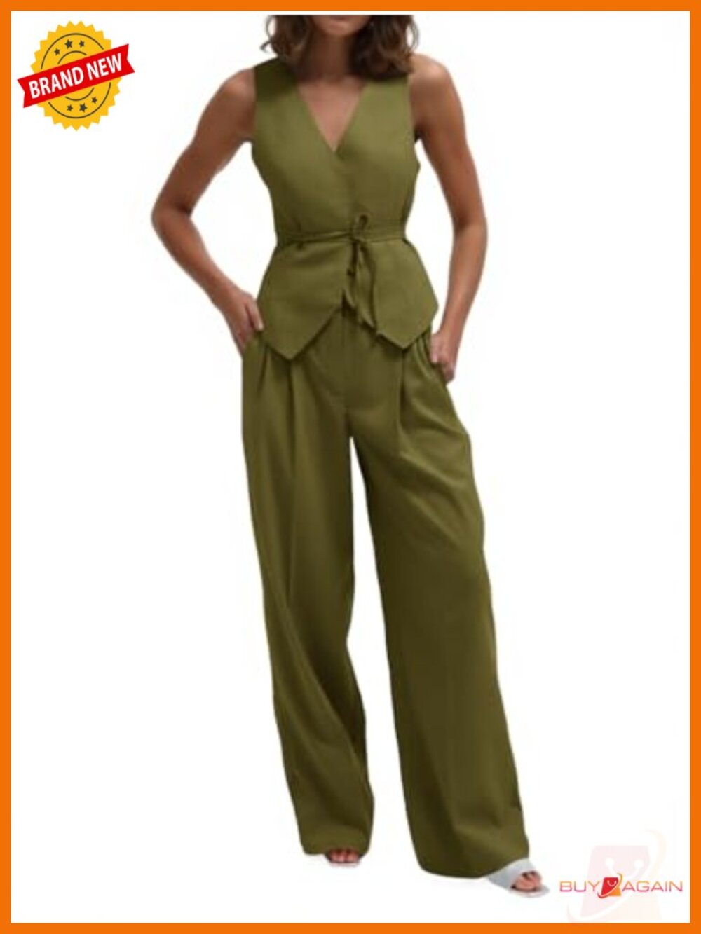 Womens 2 Piece Blazer Vest Wide Leg Pants Set - Sleeveless Tie Waist Business